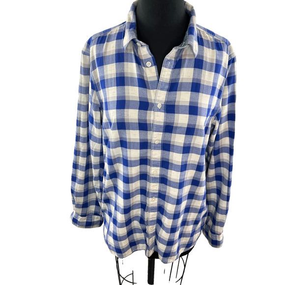 UNISEX Gap Shadow Blue Plaid Slim Fit Button Down Over Sized Shirt Top Medium M - Picture 2 of 9